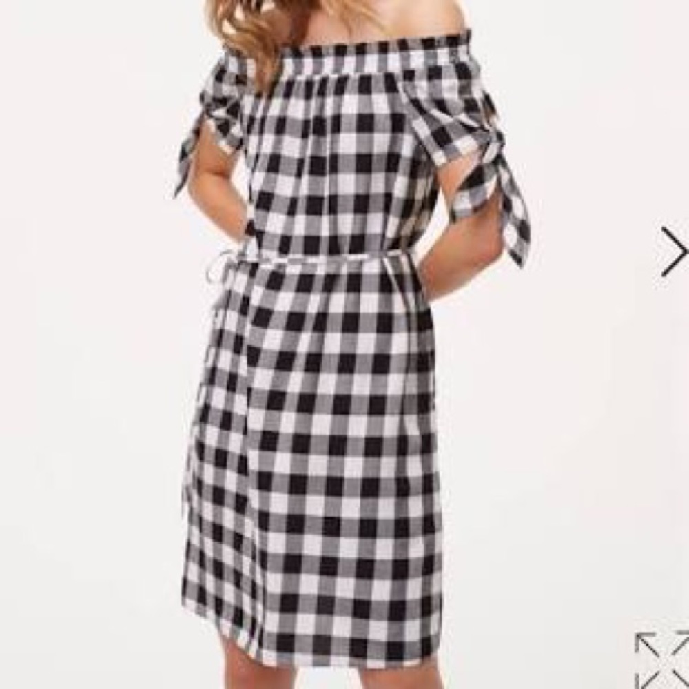 LOFT Black Gingham Tie Off The Shoulder Dress